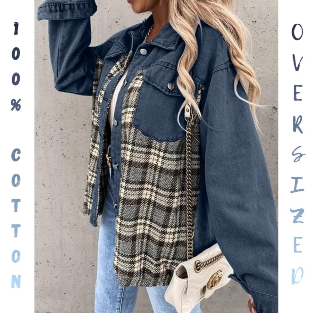 100% Cotton Dusty Denim Plaid Contrast Jacket